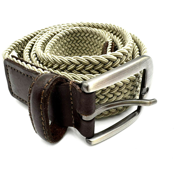 Men's XXL Tan Braided Woven Stretch‎ Golf Belt Leather End Pieces Casual Preppy - Picture 1 of 7